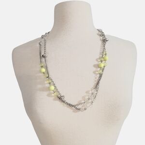 Green & Clear Bead Long Silver Chain Loop Necklace
